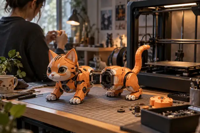 Zwei getrennte Teile eines orangefarbenen Katzen-Mechs neben einem Desktop-3D-Drucker, bereit für den Zusammenbau.