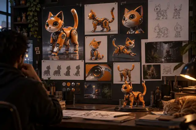 Ein dunkler kreativer Arbeitsplatz mit mehreren Variationen eines orangefarbenen Katzenroboters, die als visuelles Board angeordnet sind.