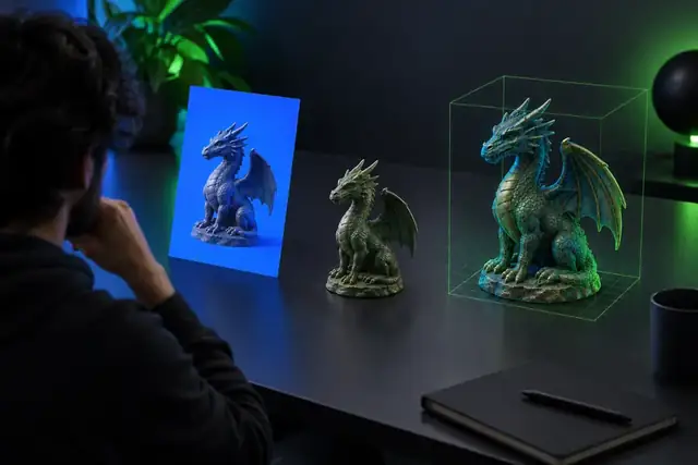 Flujo de trabajo de un modelo 3D generado por IA mostrado en la pantalla de un navegador